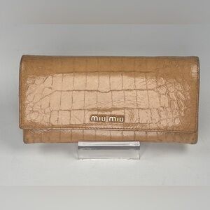 Miu Miu tan long wallet. Gold accents. Croc-Embossed. EUC